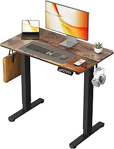 Small Electric Standing Desk, 35" 20" Standing Table, Height Adjustable Compact Sit Stand Workstation with Splice Board, Home Office Desk with 2 Hooks, Rustic Brown