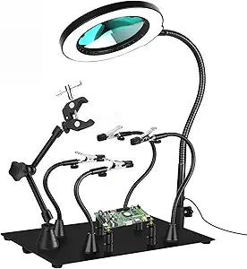 Drdefi Magnetic Helping Hands Soldering Station 10X Magnifying Lamp Third Hand Jewelry Tool, 360 Hot Air Gun Holder, Hands Free Magnifier Weighted Base with 4 Magnetic Pillar for Electronic Hobby