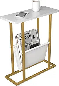 Yusong Small Narrow Side Table for Small Spaces, 17.7" W Slim End Table Magazine Table Nighstand with Storage Holder, Accent Skinny Snack Couch Bedside Table, Gold White, Complete Iron Pipes