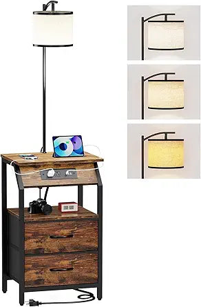 End Table with Floor Lamp, Nightstand with Charging Station, Floor Lamp Table with 3-Color Temperature Bulb, Bedside Table Night Stand with 2 Drawers for Bedroom, Living Room, Brown