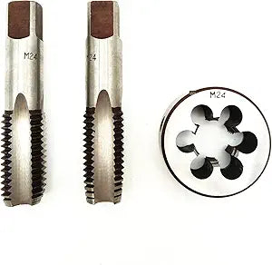 AtticZone M24 x 3.0 Metric Hand Thread Tap and Die, 3.0mm Pitch, 1 Tapper Tap, 1 Plug Tap, 1 Round Die, Right Hand (M24x3.0, Tap&die)