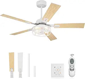 YOUKAIN 48 Inch Ceiling Fans with Lights, Farmhouse Ceiling Fans with Wall Switch and Remote Control, 5-Reversible, White Finish, Outdoor Ceiling Fan for Indoor/Outdoor Use, 48-YJ632-WHW-WS