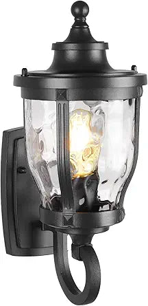 JYZ 15" Outdoor Wall Light Lantern, Anti-Rust Exterior Wall Sconce with Hammered Water Ripple Glass, Waterproof Matte Black Outside Lighting Fixture for Front Door, Porch, Garage