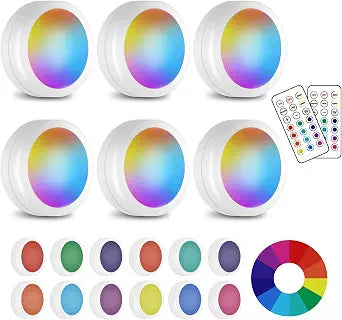 LED Puck Lights 6 Pack with Wireless Remote: 13 Color RGB Dimmable Under Cabinet Battery Powered Lights, Ideal for Kitchen, Closet, Counter - Party Atmosphere