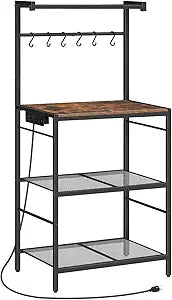MAHANCRIS Bakers Rack with Power Outlet, Kitchen Storage Shelf with 6 Hooks, Microwave Stand with Storage, 4-Tier Coffee Bar Station, for Kitchen, Dining Room, Rustic Brown BRHR35E01