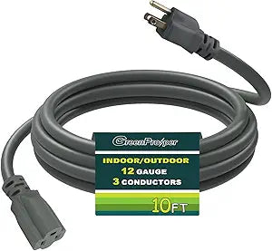 10 FT 12 Gauge Extension Cord Outdoor, Heavy Duty Weatherproof & Flame Retardant Grey 3 Prong Power Cord, Outside for Garden & Lawn, 15 Amps 1875 Watts 125 VAC 12AWG SJTW, ETL Listed