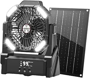 Solar Fan Battery Powered Rechargeable Solar Camping Fan with LED Lantern Power Bank 180 Degrees Retotaion USB Personal Fans for Travel Outdoor Camping Tents camping essentials A16 Black Orange