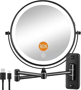 DECLUTTR 1X/30X Wall Mounted Lighted Makeup Mirror, 8" Rechargeable Double Sided Magnifying Mirror with Light, 3 Color Lights Touch Dimmable, Extended Arm 360 Rotation Wall Mounted Makeup Mirror