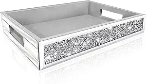 Wocred Mirror Perfume Tray fits Dresser Bedroom,Crushed Diamond Bathroom Tray with HandlesVanity Tray,Decorative Serving Tray for Coffee Table Decor(14x 10x 2.5)