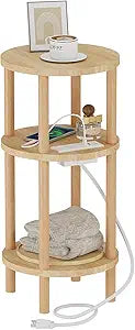 LUCKNOCK Small Round Side Table with Charging Station, 3-Tier Solid Wood End Table, Narrow Compact Sofa Bedside Table for Small Spaces, Easy Assembly for Living Room, Bedroom, Apartment (Natural)