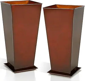Worth Garden 25" Large Metal Glazed Planter Set of 2, Luxurious Glossy Finish Red Tall Square Tapered Steel Plant Pots, Decor Flower Pot Indoor & Outdoor, Drainage Hole & Dual-Purpose Plant Saucer