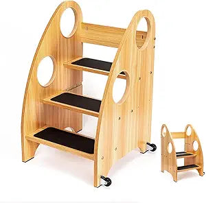 StrongTek Kids Step Stool, Step Ladder with Wheels & Safety Handles, 3-Tier Wooden Toddler Standing Tower, Convertible Chair with Non-Slip Steps, 350 lbs Capacity for Kitchen & Bathroom