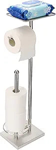 Toilet Paper Holder with Shelf, Toilet Paper Stand with Storage for Holding Extra 3 Rolls, Freestanding Toilet Paper Holder for Bathroom (Brushed Nickel with Metal Base)