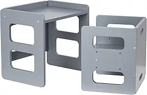 Fun Memories Montessori Weaning Table and Chair Set for Toddler and Baby, Kids Table and Chair Set- Solid Wood Toddler Furniture with Adjustable Height, Step Stool, for 1-3 Year Old Kids - Grey