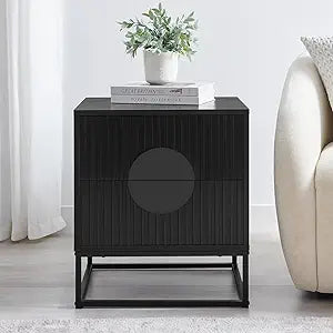 conifferism Black Nightstand with 2 Drawers, Bedroom Modern Bedside Table with Metal Legs, Fluted Couch End Side Table for Small Spaces, Living Room