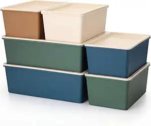 Menkxi 6 Pcs Large and Small Plastic Storage Bins with Lids 14.4 x 10.4 x 5.1 Inch Stackable Storage Containers Decorative Cubby Organizer for Clothes Shelves Garage Closet Office (Neutral color)