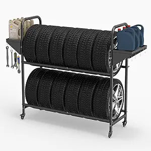 Hershii Rolling Tire Storage Rack Adjustable - Black Steel Pipe and ABS, 24.80-42.51'' X 15.35'' X 44.09'' with 8 S Hooks and 2 Storage Shelves for Garage