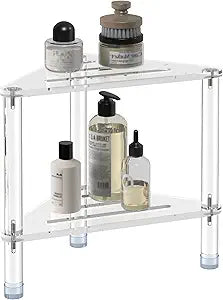 Acrylic Corner Shower Stool for Shaving Legs 11.42" D X 11.42" W X 14.37" H, Triangle Shower Foot Rest with Storage Shelf, Heavy Duty, for Inside Shower,