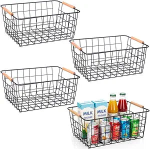4 Pack Metal Wire Food Storage Basket Organizer with Wooden Handles for Organizing Kitchen Cabinets Black