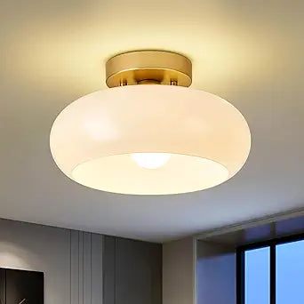 Mid-Century Modern Gold Semi Flush Mount Ceiling Light,White Glass Dome Hallway Lighting Fixtures, Metal Close to Ceiling Lamp for Entryway Bathroom Kitchen Bedroom Porch Foyer Office(11 Inch)
