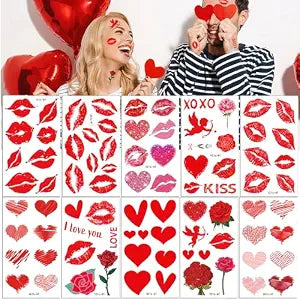 83Pcs Valentine's Day Red Lips Heart Temporary Tattoo Stickers Red Lip Kiss Love Cupid Rose Bouquet Waterproof Fake Tattoos for Women Girls Man Face Body Lover Theme Party Decorations