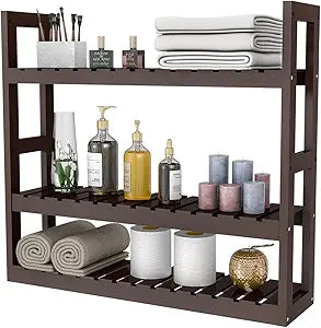 Domax Bamboo Bathroom Shelf 3-Tier Wall Mount Storage Rack Multifunctional Adjustable Layer Free Standing Over Toilet Utility Shelves Living Room Kitchen (Brown)