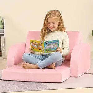 MOMCAYWEX Kids Sofa, 3-in-1 Flip Open Toddler Couch, Comfy Kids Lounger, Velvet Fabric, Extra Wide, Pink