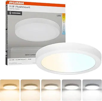 Sylvania 12" LED Flush Mount Ceiling Light Fixture, 24W, 5 Color Select (2700K - 5000K), 1600 LMS, Hardwired, White, LED Lights for Bedroom Kitchen Hallway Porch - 1 Pack (66462)