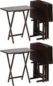 PJ Wood 5-Piece Folding Wooden Table Set, TV Tray Tables with Collapsible Storage Rack, Walnut - Portable and Adjustable Home Furniture for Living Room, Bedroom, and Kitchen