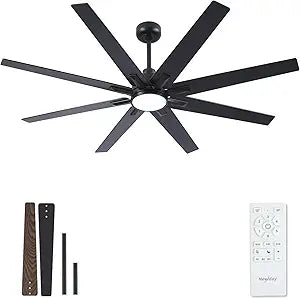 Newday 62 inch Large Ceiling Fans with Lights and Remote, Indoor/Outdoor Black Modern Ceiling Fan for Kitchen Living Room Patio, 6 Speed Reversible Quiet DC Motor, 3 CCT, Dual Finish 8 Blades