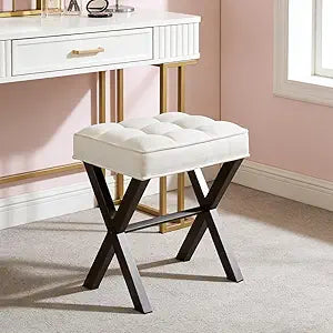 Upholstered Vanity Chair with Metal X-Legs & Soft Linen Fabric - Modern Square Foot Stool Ottoman, Versatile Seat and Footrest for Makeup, Living Room, Bedroom& Entryway(X-Black-White)