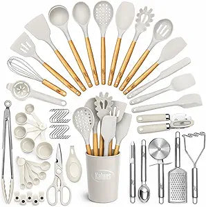 Kaluns 50 PCS Silicone Kitchen Utensils Set Complete Kitchen Set - 800F Heat Resistant Non-Stick Premium Cooking Utensils W Wooden Handles - Can Opener, Masher, Turner, Silicone Spatula Set