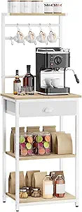 YMYNY 5 Tier Coffee Bar Station, Coffee Stand with Fabric Drawers, 8 S-Shaped Hooks, Corner Bar Cabinet, Height Adjustable, Bakers Rack for Kitchen, Living Room, Natural HBR009R
