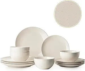 Dafuceramic Plates and Bowls Sets, 12 Pieces Modern Stoneware Dinnerware Set for 4 Kitchen Dinner Set Ceramic Dishware Dishes Set Microwave and Dishwasher Safe (White)