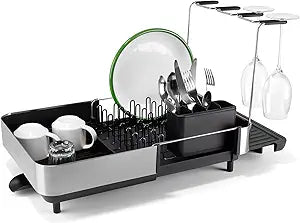 Joseph Joseph Extend Steel Plus Extendable Dish Rack Steel, Small to Large Dish Drainer with Wine Glass Holder & Drain Spout, Black