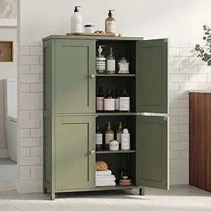 Vongrasig Bathroom Storage Cabinet, Small Bathroom Floor Cabinet with 4 Doors and Adjustable Shelves, Freestanding Modern Cabinet for Bathroom, Kitchen, Living Room, Entryway, Green