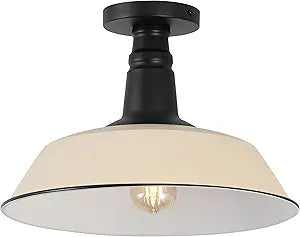JONATHAN Y 14" Matte Almond/Black 1-Light Industrial LED Semi Flush Mount Ceiling Light for Porch, Kitchen, Entryway, Modern Farmhouse Iron Fixture, White Metal Shade, LED Bulb Included (JYL7617J)