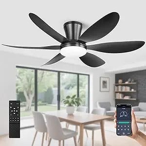 Ceiling Fans with Lights, 42 Inch Low Profile Ceiling Fan with Light and Remote/APP Control, Flush Mount, Reversible, 3CCT, Dimmable, Quiet, Black Ceiling Fan for Bedroom Indoor/Outdoor Use