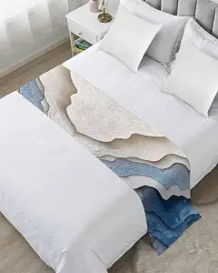 Ocean Blue Beige Bed Runner Scarf King Size,Abstract Ombre Beach Sand Waves Geometric Luxury Bed Throw Runners & Scarves for Twin Full Queen King Foot of Bed Bedroom Hotel Wedding Decoration,94"x20"
