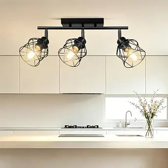 3-Lights Semi Flush Mount Ceiling Light, Adjustable Kitchen Light Fixtures Ceiling Mount with Metal Cage, Vintage Multi-Directional Black Track Lighting Fixtures for Hallway, Foyer, Bedroom