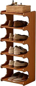 6 Tier Narrow Vertical Wood Shoe Rack, Sturdy Multi-Layer Wood Storage Tower, Freestanding Slim Organizer for Entryway (12.6" L x 9.84" W x 32.1" H)