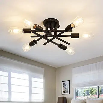 ASGYISA Semi Flush Mount Modern Ceiling Light Fixture 6 Lights Black Vintage Matte Sputnik Chandelier Ceiling Lamp with E26 Bulb Base for Farmhouse Dining Room Living Room Bedroom Study Kitchen