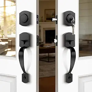Probrico Double Door Handle Set with Keyed Deadbolt, Reversible Keyed Lockset and Dummy Handleset, Heavy Duty Zinc Alloy, Matte Black Finish, 1Pack