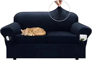 Loveseat Slipcover with Armrest Pockets 3-Piece Set, Stretch Faux Leather Love Seat Covers for 2-Cushion Couches(Fits 58-66") - Non-Slip, Machine Washable, Pet & Kid Friendly - Navy