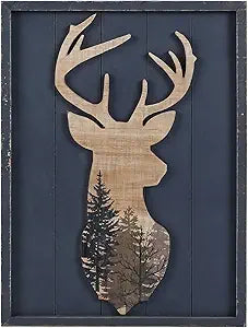 NIKKY HOME Cabin Wall Decor, Decorative Deer Wood Framed Forest Mountain Woodland Wildlife Lodge Elk Animal Picture Art Print Bathroom Decor, 12 x 16 Inches