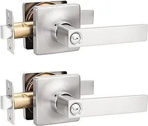 GOBEKOR 2 Pack Keyless Privacy Lever Door Handles Brushed Nickel Square Door Levers Bedroom Door Handle with Lock Straight Door Levers