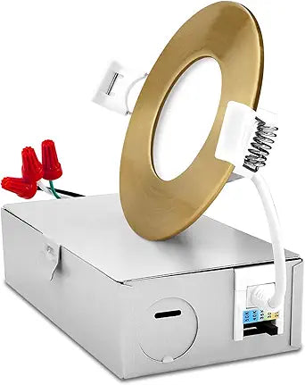 LUXRITE 3 Inch Ultra Thin LED Recessed Light with J-Box, Brass Trim, 1 Pack