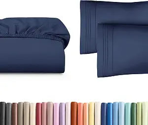 Queen Size Fitted Bed Sheet + 2 Pillowcases Bundle - Hotel Luxury Single Fitted Bottom Sheet Only - Fits Mattress w/ Deep Pockets Between 8 to 16 inches - Soft, Breathable & Wrinkle Free - Navy Blue