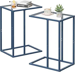 Easy Paws C Table End Table Set of 2, Glass Couch Side Table, Tempered Glass Snack Table with Metal Frame, TV Tray Table for Small Space, Sofa Couch Side Tableand Bed Side Table(Blue)