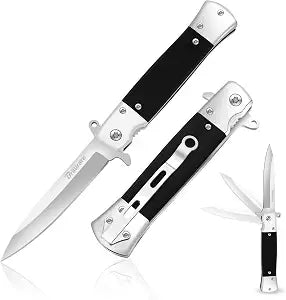 Pocket Knife, Folding Wood Knives Blade 4in, Foldable Survival Small Knife with Pocket Clip, Sharp Steel Blade, Button Lock & Glass Breaker for Everyday Carry EDC Hunting Camping